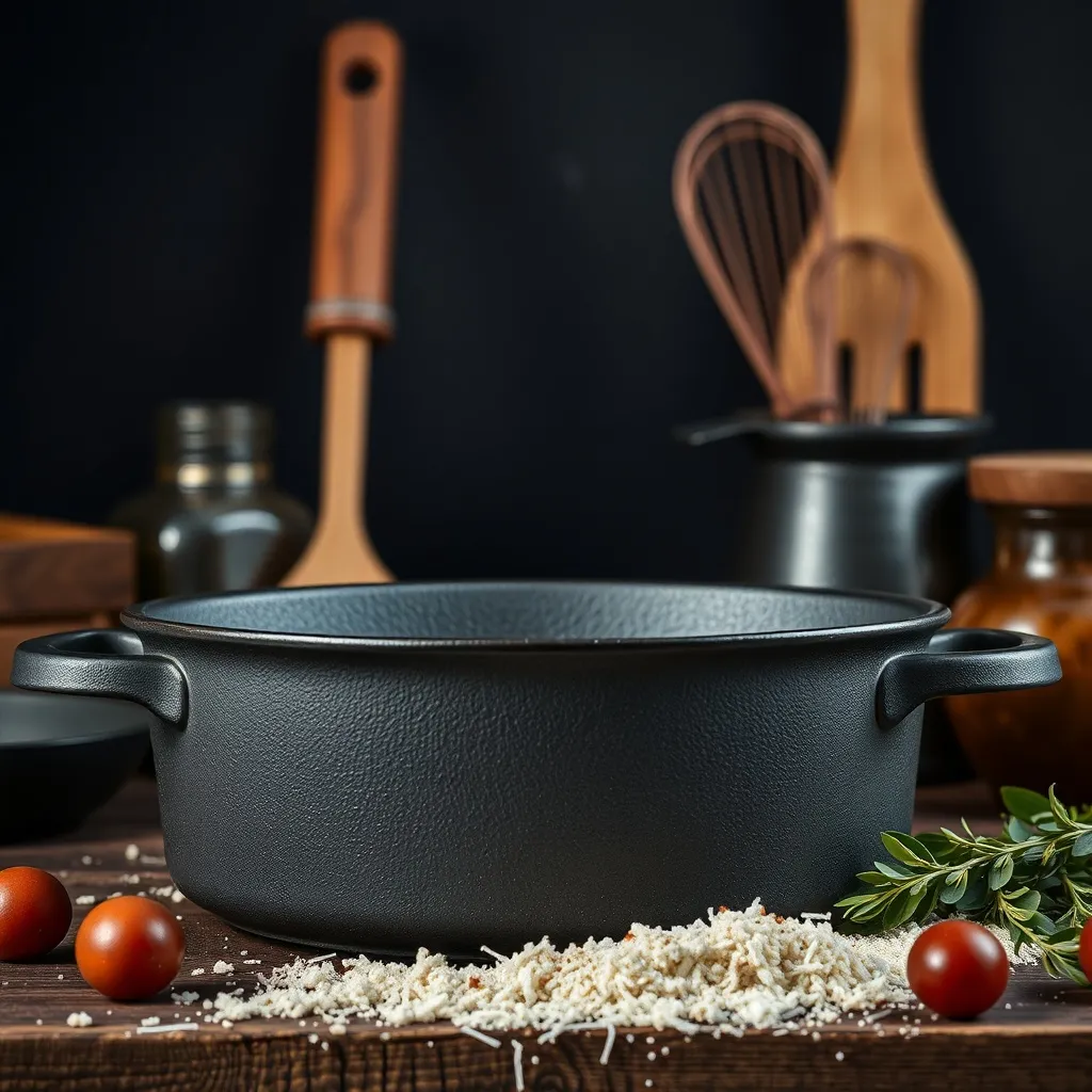 Close up of high quality cast iron pan and kitchen utensils,