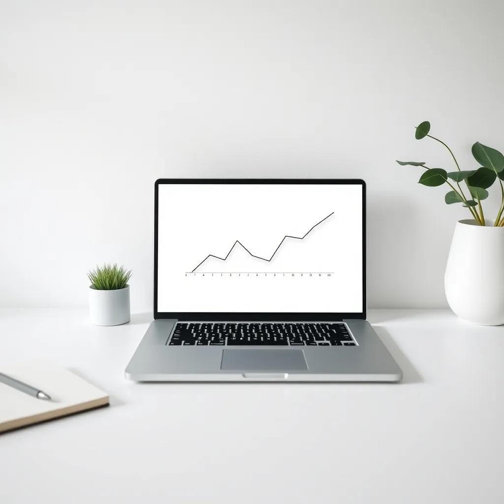 A minimalist workspace with a single laptop showing a simple