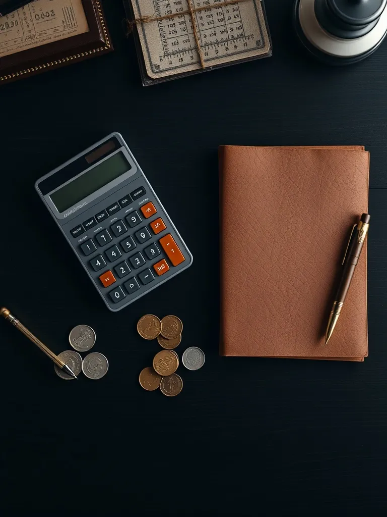 A top-down view of a dark wooden desk with a vintage calcula