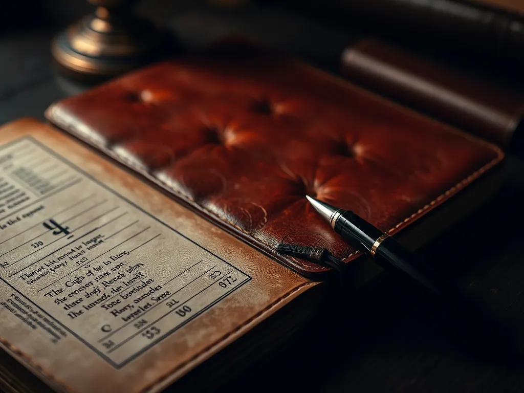 A dark, moody close-up of a vintage leather ledger and an ex