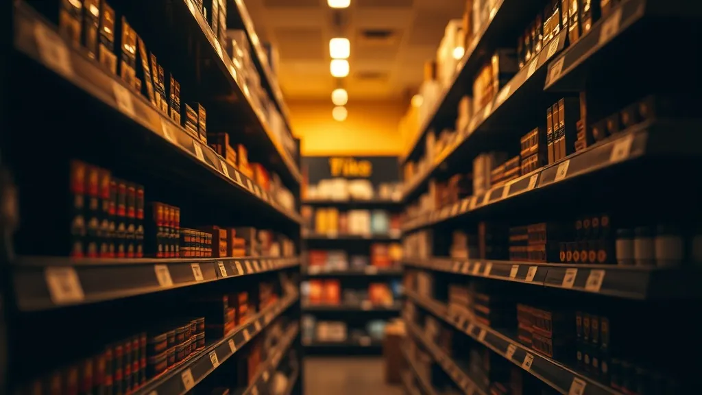 A moody, high-contrast close-up of retail store shelves with