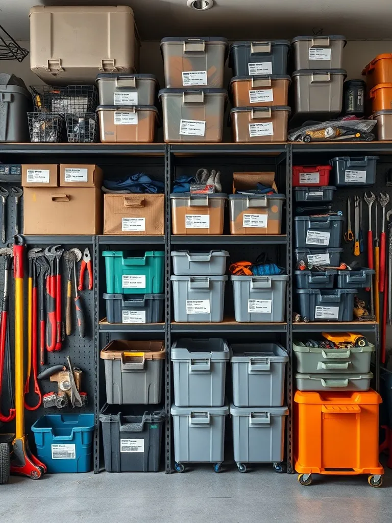 An organized garage or storage shelf with neatly labeled box