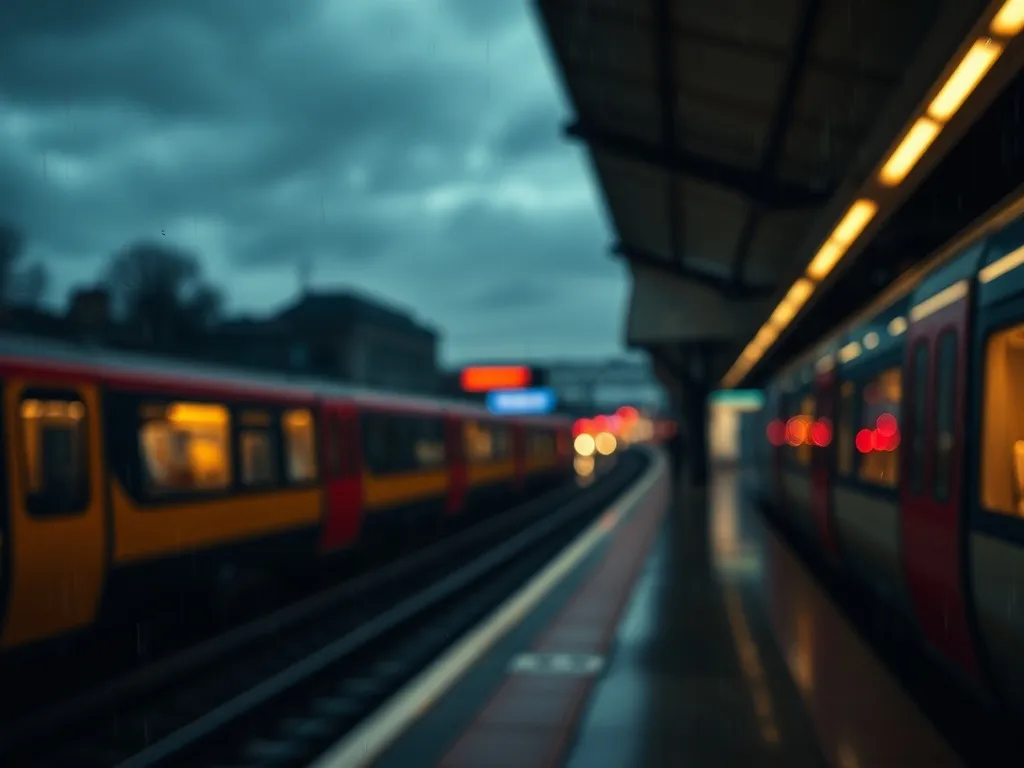 A blurred rainy view of a London train station platform at d
