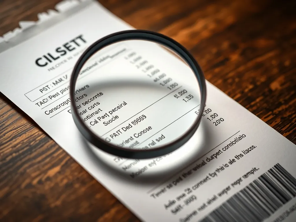 A close-up of a printed receipt with a magnifying glass over