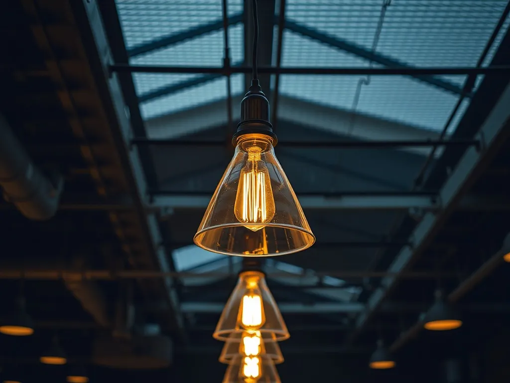 A close up of warm industrial light fixtures hanging from a