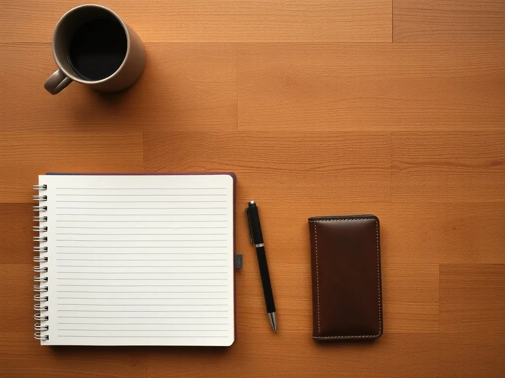 A minimalist, high-quality overhead shot of a wooden desk wi