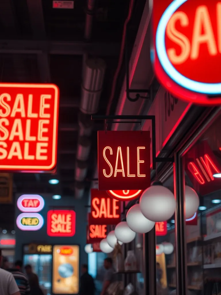 A close-up of bright neon sale signs and price tags in a dim