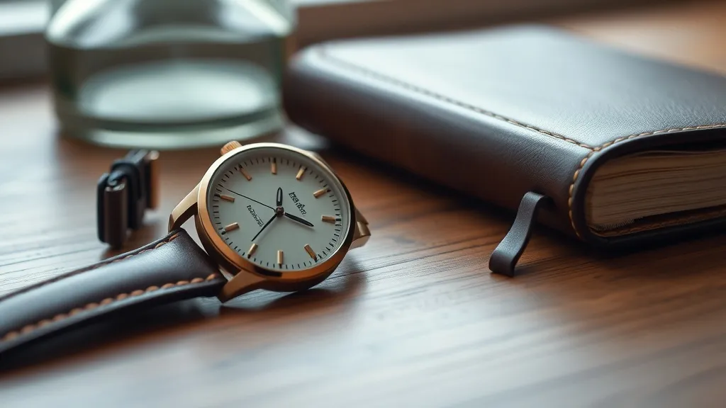 A close-up of a minimalist analog wristwatch resting on a wo