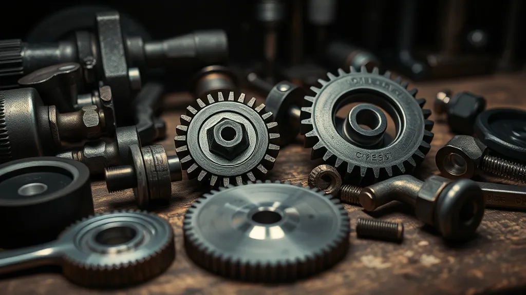 Close up of high quality metal tools and gears on a wooden t